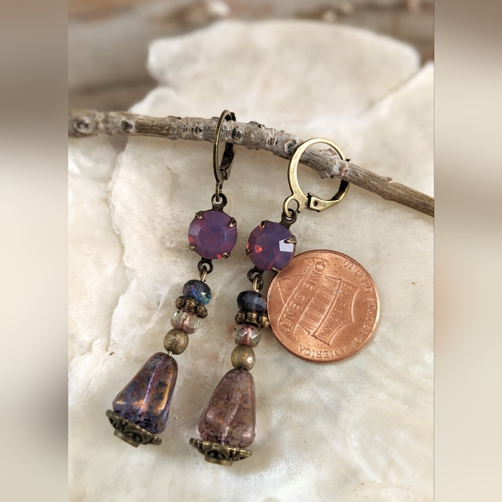 Victorian Purple Amethyst Opal Crystal & Glass Drop Earrings In Brass - Picture 6 of 6